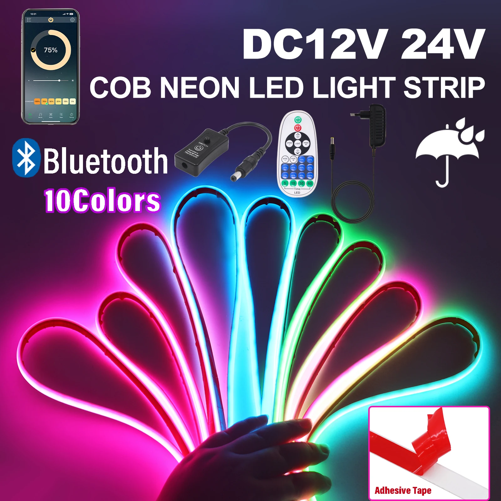 Bluetooth APP Dimmable IP68 Waterproof COB LED Strip Light 12V 24V 320LEDs/M Neon Tape EU Power Supply Red Blue Green Pink Warm