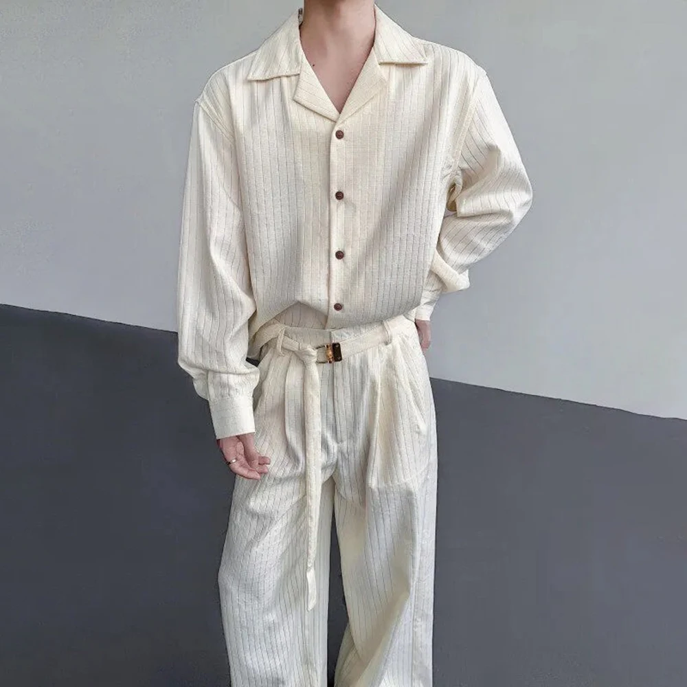 

Мужские комплекты из двух предметов, полосатые текстурированные рубашки, комплекты брюк, осенние модные универсальные простые комплекты, повседневная мужская одежда, новинка 2023 года