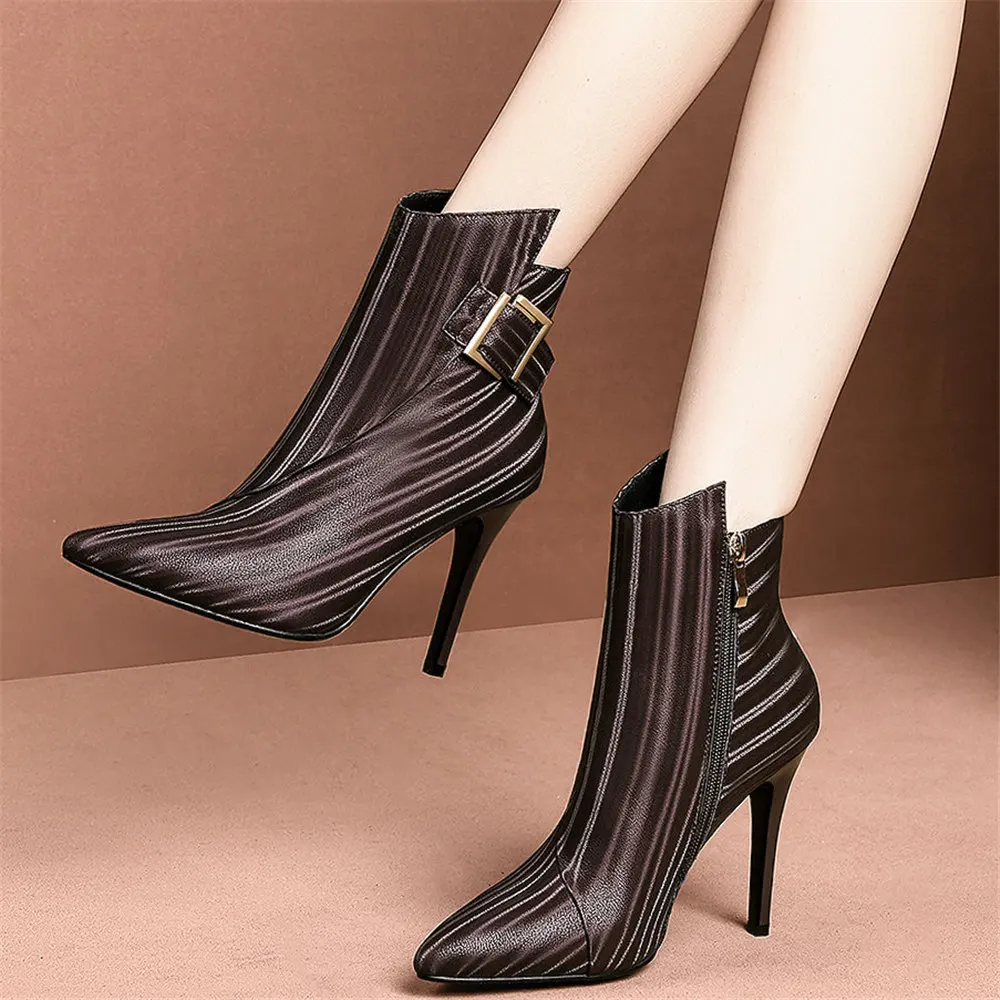 

High Top Winter Ankle Boots Women Genuine Leather Slim High Heels Motorcycle Boots Female Pointed Toe Pumps Shoes Casual Shoes