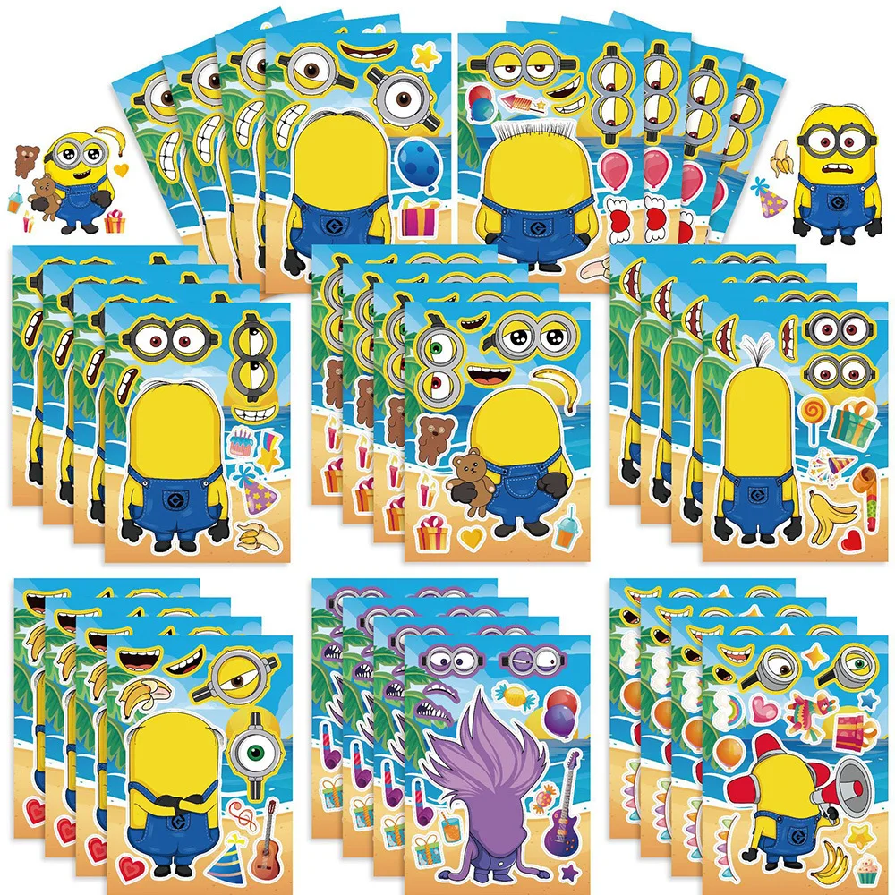 16pcs Minions Toys Make A Face Stickers DIY Cartoon Kids Puzzle Assemble Toy Children Game Jigsaw Anime Funny Party Toys Gifts