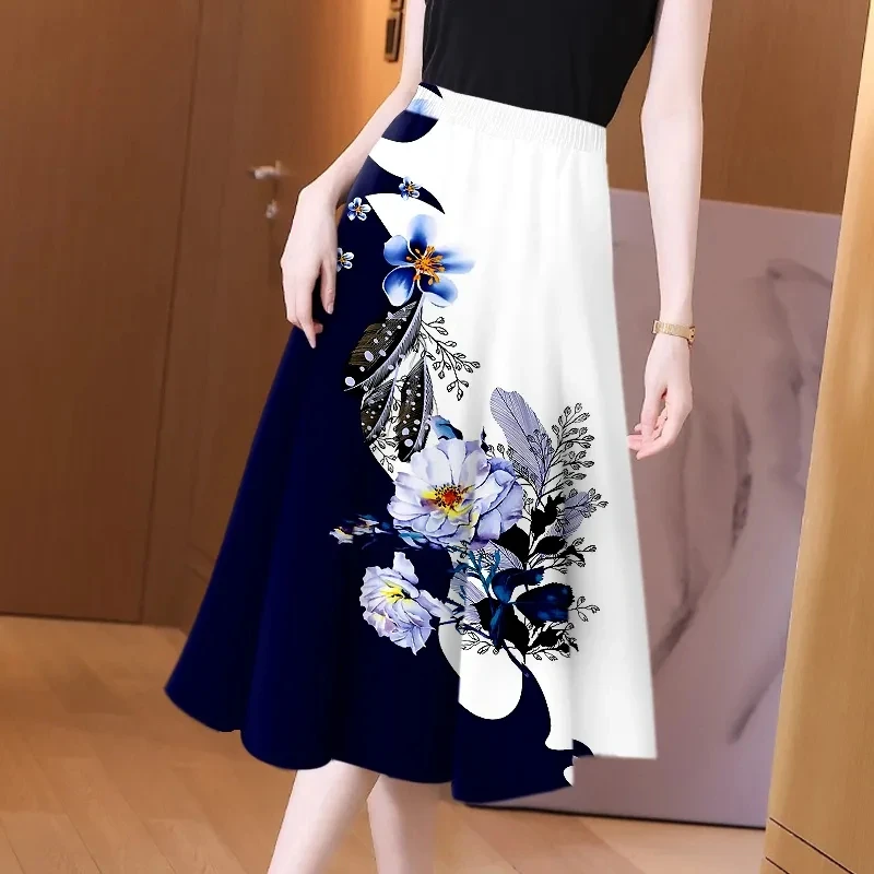 

Vintage Floral Printed Midi Skirts Women's 2024 Spring Summer New High Waist Swing A Line Skirt Female Korean Falda Streetwear