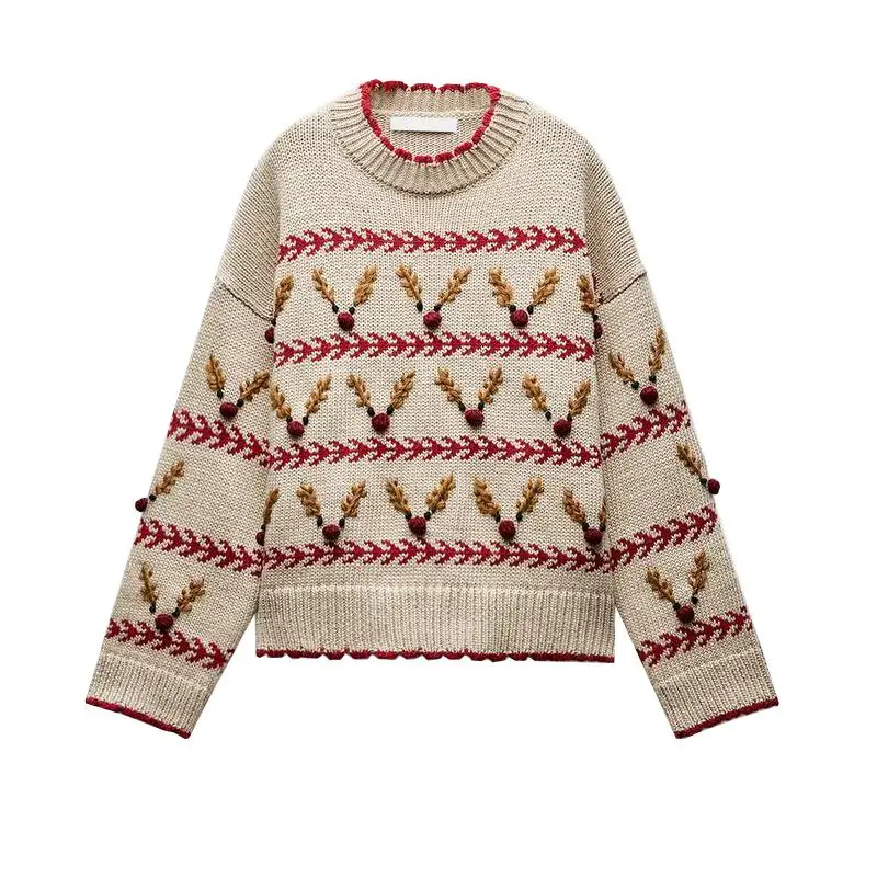 크리스마스 테마 긴 소매 니트 스웨터 루즈핏 패턴 여성 패션 가을 겨울 신상품 폴리에스터 섬유