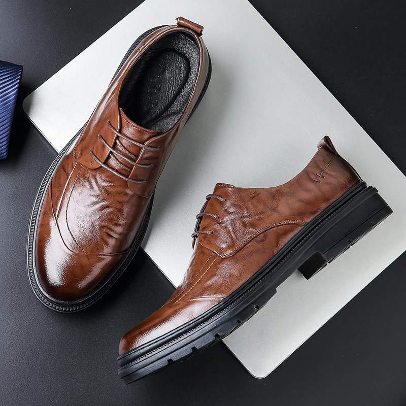 Sapatos de negócios com cordões respiráveis, Sapatos formais, High-End pendulares, Couro Genuíno, Britânico, Novo