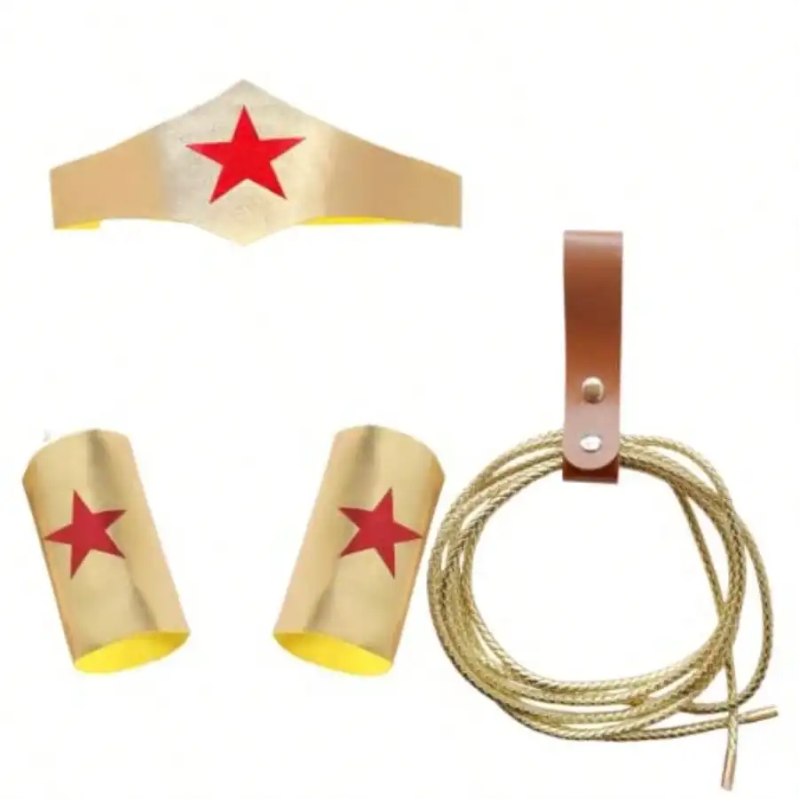 Halloween Costume Accessories Set For Women: Golden Headband, Wrist Bands, And 9.8 Ft Lasso