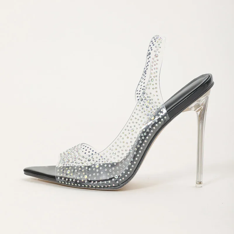 Sandalias de tiras brillantes de cristal para mujer, zapatos puntiagudos sin espalda, tacones de aguja, diamantes de imitación brillantes, sandalias de boda para fiesta