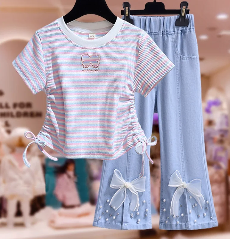

Girls' Summer Striped Short Sleeved T-shirt Children's Denim Wide Leg Pants Set