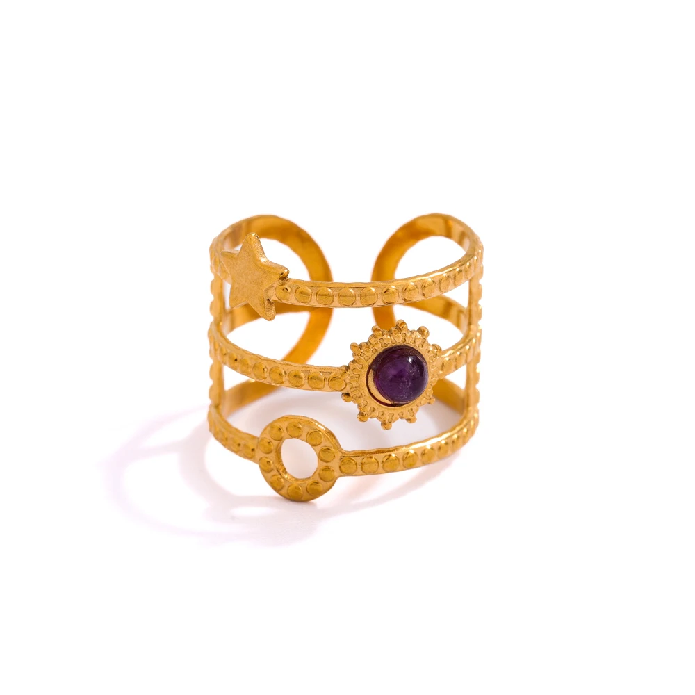 الحجر الطبيعي 18K الفولاذ المقاوم للصدأ الجمشت الحجر الأحمر الأخضر اليشم حجر عين النمر الأزرق الحجر الرملي الكريستال على شكل نجمة حلقة مفتوحة