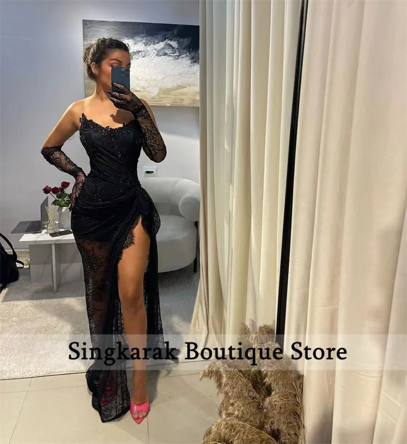 Sexy Black Long Prom Dresses 2024 With Gloves Corset Lace-up Back Appliques Wedding Reception Birthday Party Gowns Customized