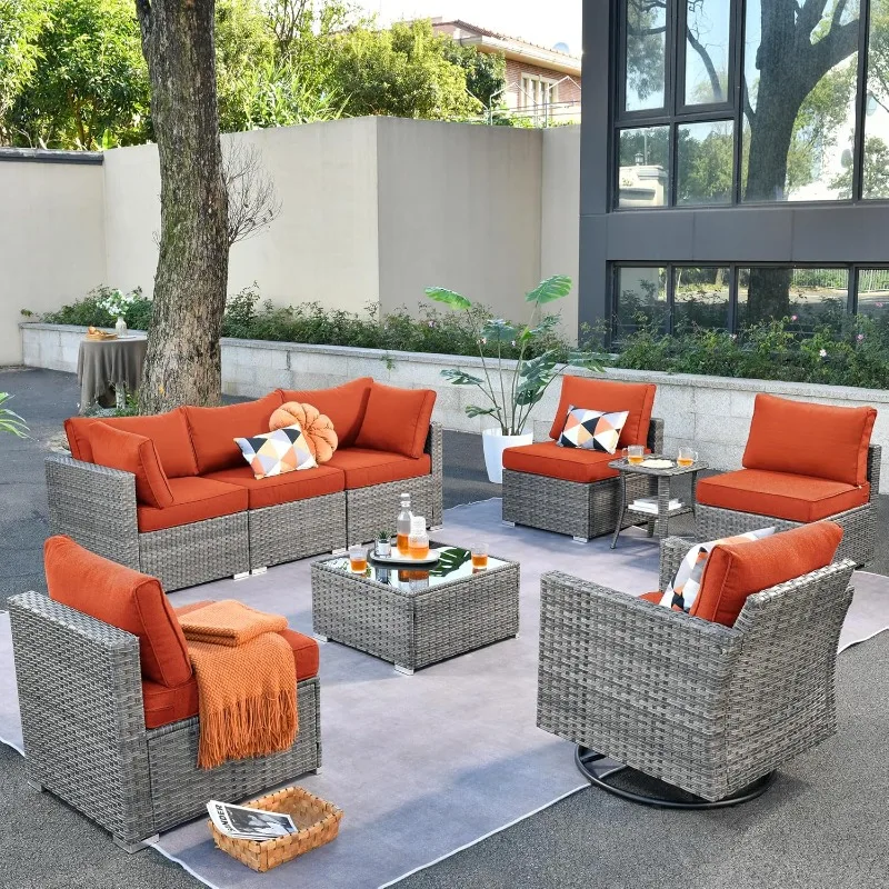 

Outdoor 9 Piece Coversation Set with Swivel Rocking Chair,Sectional Patio Furniture Set with All-Weather Wicker Sofa,Modern