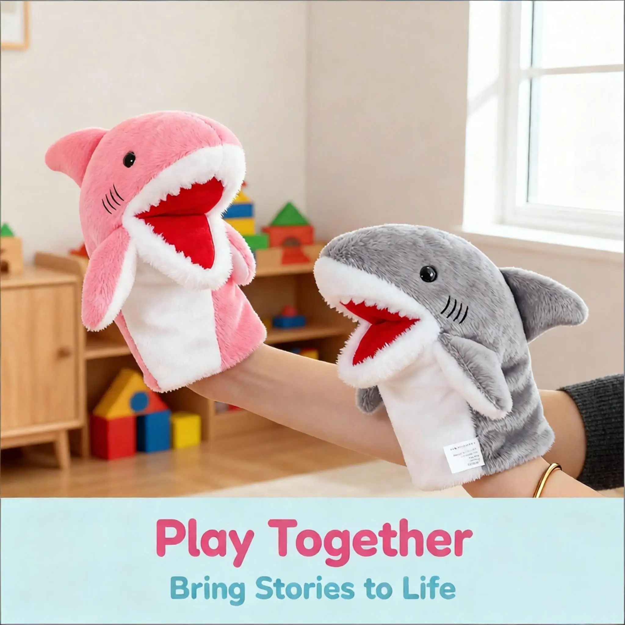 Rosa grauer Hai-Handpuppe, Plüschtier, interaktives Rollenspiel-Spielzeug, Meeresbewohner, Jungen, Mädchen, Kinder, niedlich, weich, bezaubernde Geschenke