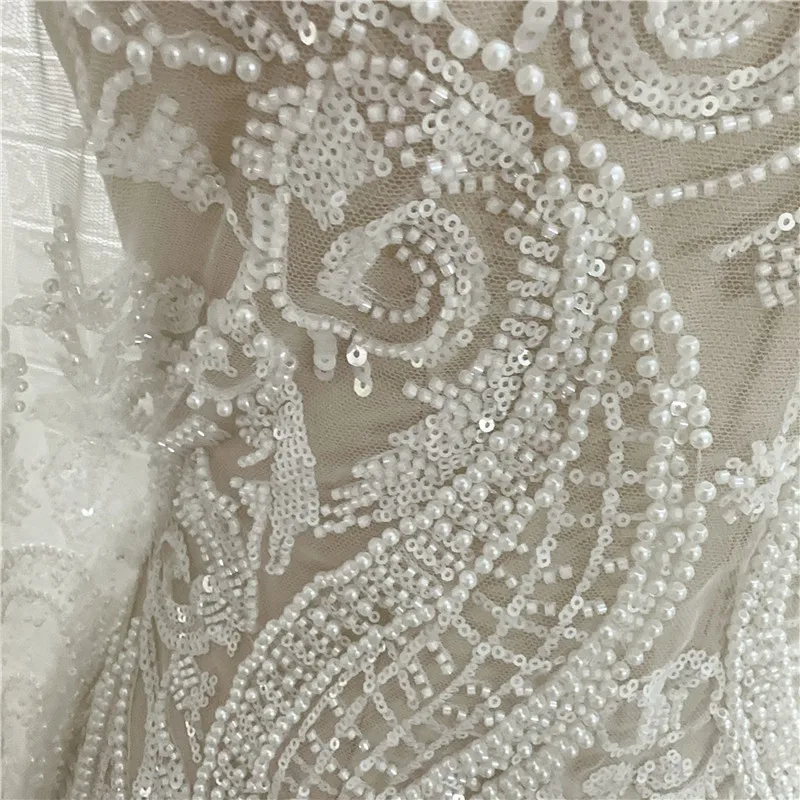 Gorgeous Heavy Beads High Quality Beaded Sequins Pearls white lace fabric embroidered for wedding dresses Sell By Yard
