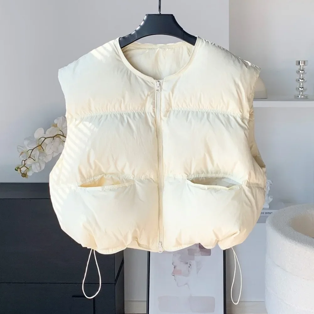 Duck Down Coat Sleeveless Down Jacket Women New Winter Loose Short White Vest Adjustable Zipper Up Warm Casual Solid Puffer Coat