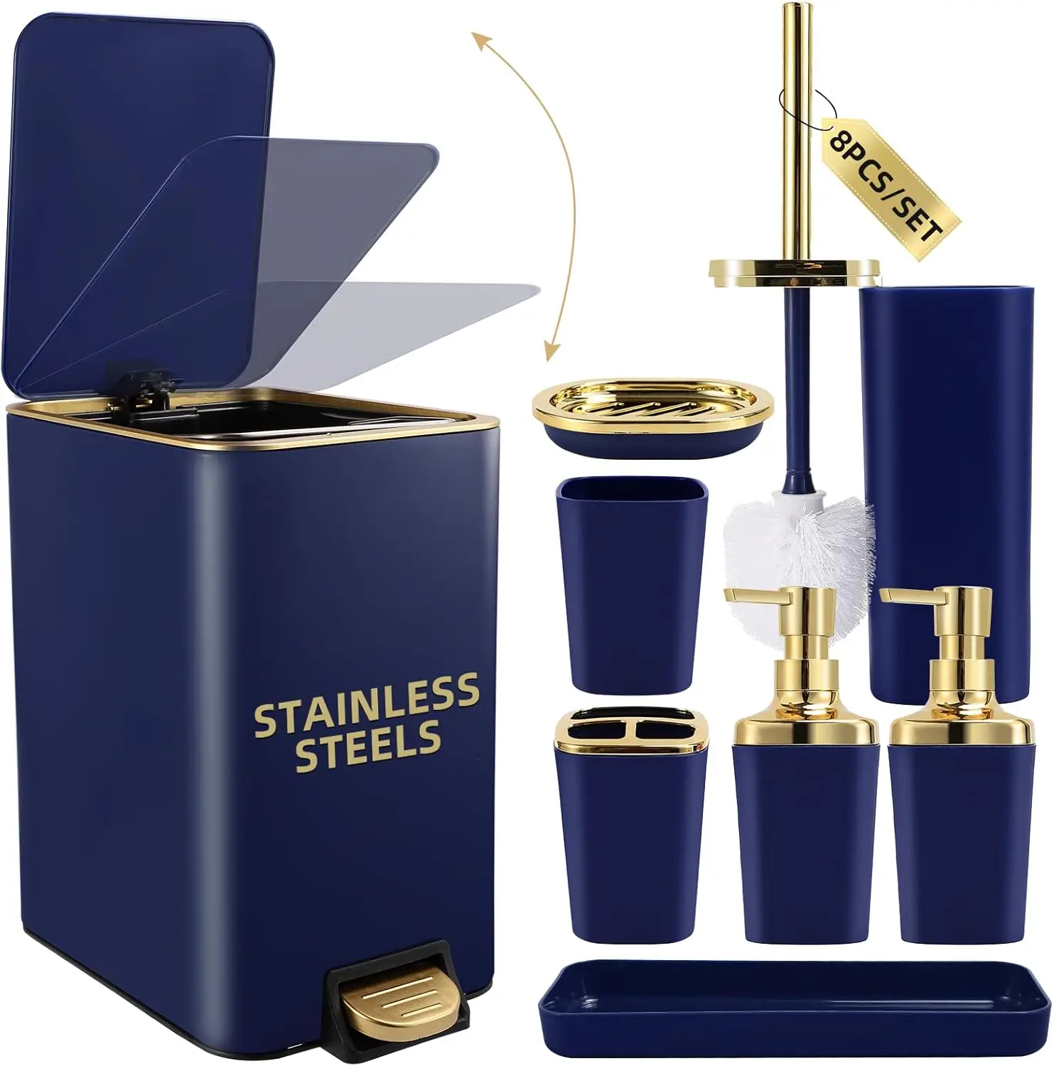 

8-Piece Navy Blue and Gold Bathroom Set with Stainless Steel Trash Can, Toilet Brush, Toothbrush Holder, Soap Dispenser