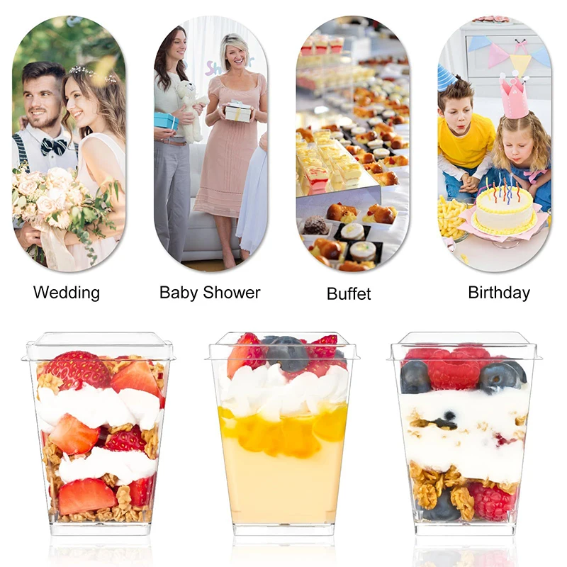 10pcs Trapezoidal Square Mousse Cake Cup Disposable Plastic Pudding Cup Yogurt Dessert Ice Cream Cup With Lid