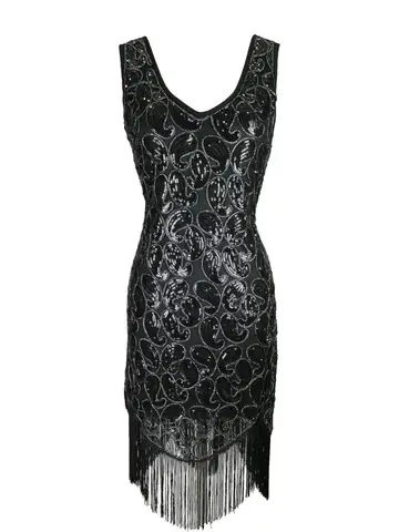 Paljettpärlfransad klänning 1920 Retro paljettfransad klänning Kjoldesign Sense Ärmlös väst V-ringad 10 best sales 1920-talsklänning - №9