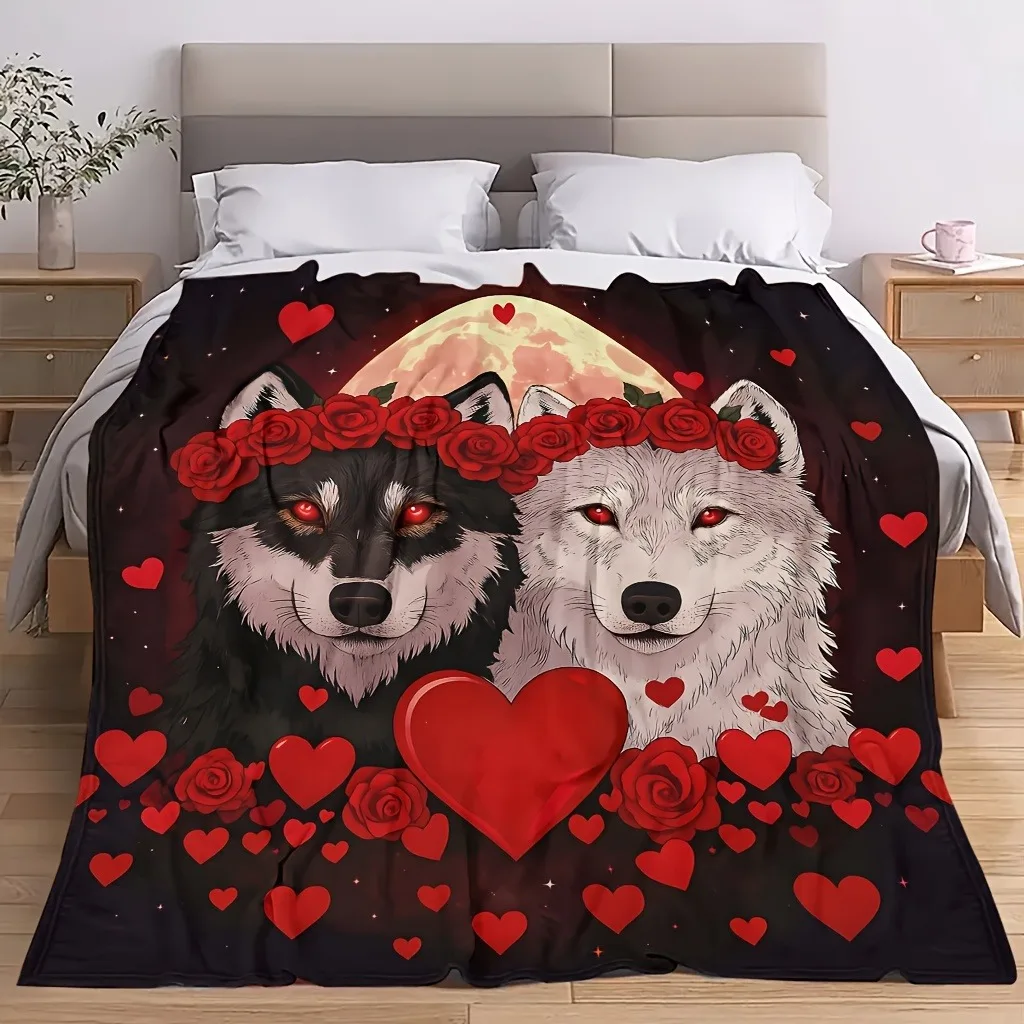 

Romantic Wolf Pair Throw Blanket - Red Rose & Heart Pattern Soft Blanket for Sofa Bed