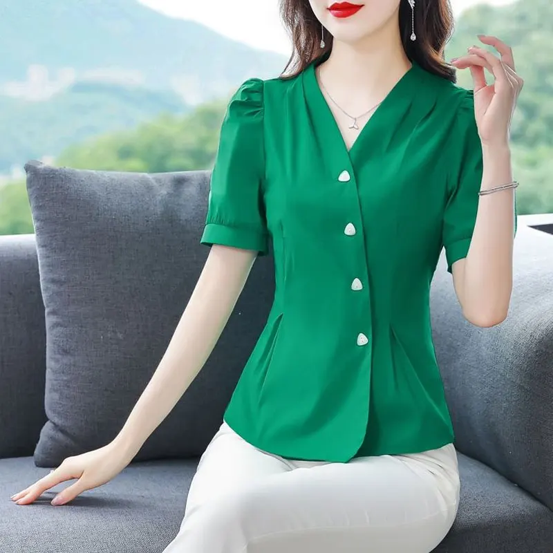 Women\'s Clothing Stylish Pleated Blouse Commute Solid Color Waist Summer Short Sleeve Elegant V-Neck Chic Single-breasted Shirt