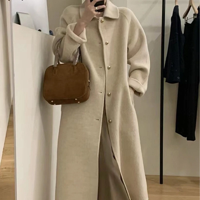 

RosEvans Beige Double-sided Cashmere Coat Women Fashion Single Breasted Lapel Women Coat New Korean Loose Winter Wool Coat Women