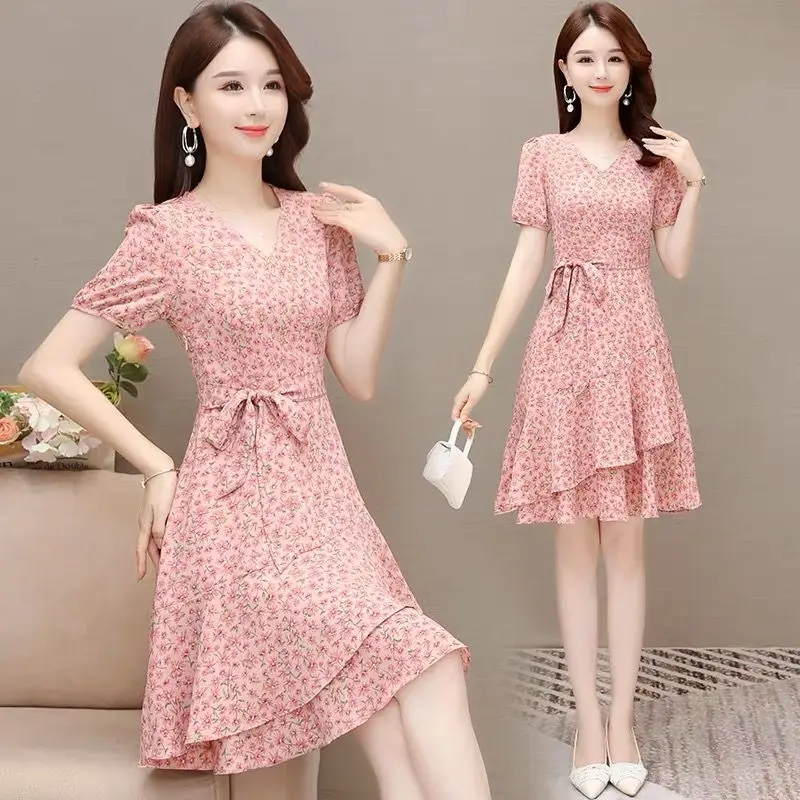 Elegant V-Neck Printed Spliced Ruffles Bandage Floral Dress Women's Clothing 2025 Summer New Loose Office Lady Prom Dresses