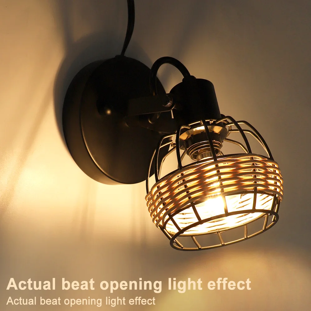 Depuley LED Track Ceiling Spotlight Adjustable Industrial Rattan Metal Caged Wall Lamp Light Fixture for Bedroom Kitchen E12