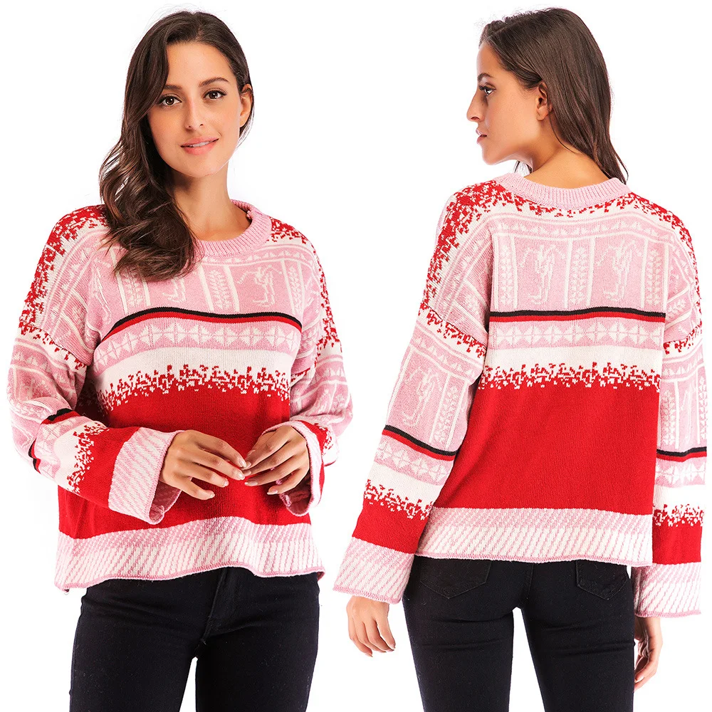

Red Christmas Sweater Women's Sweet Knitted Long Sleeves Loose Pullover
