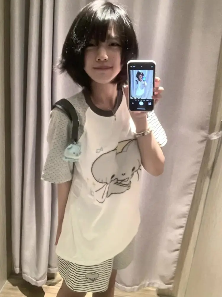 

Kimotimo Punk Contrast Color Short Sleeve T-shirt Women Japanese Cute Print Loose Y2k Aesthetic Tops Harajuku Grunge Casual Tees
