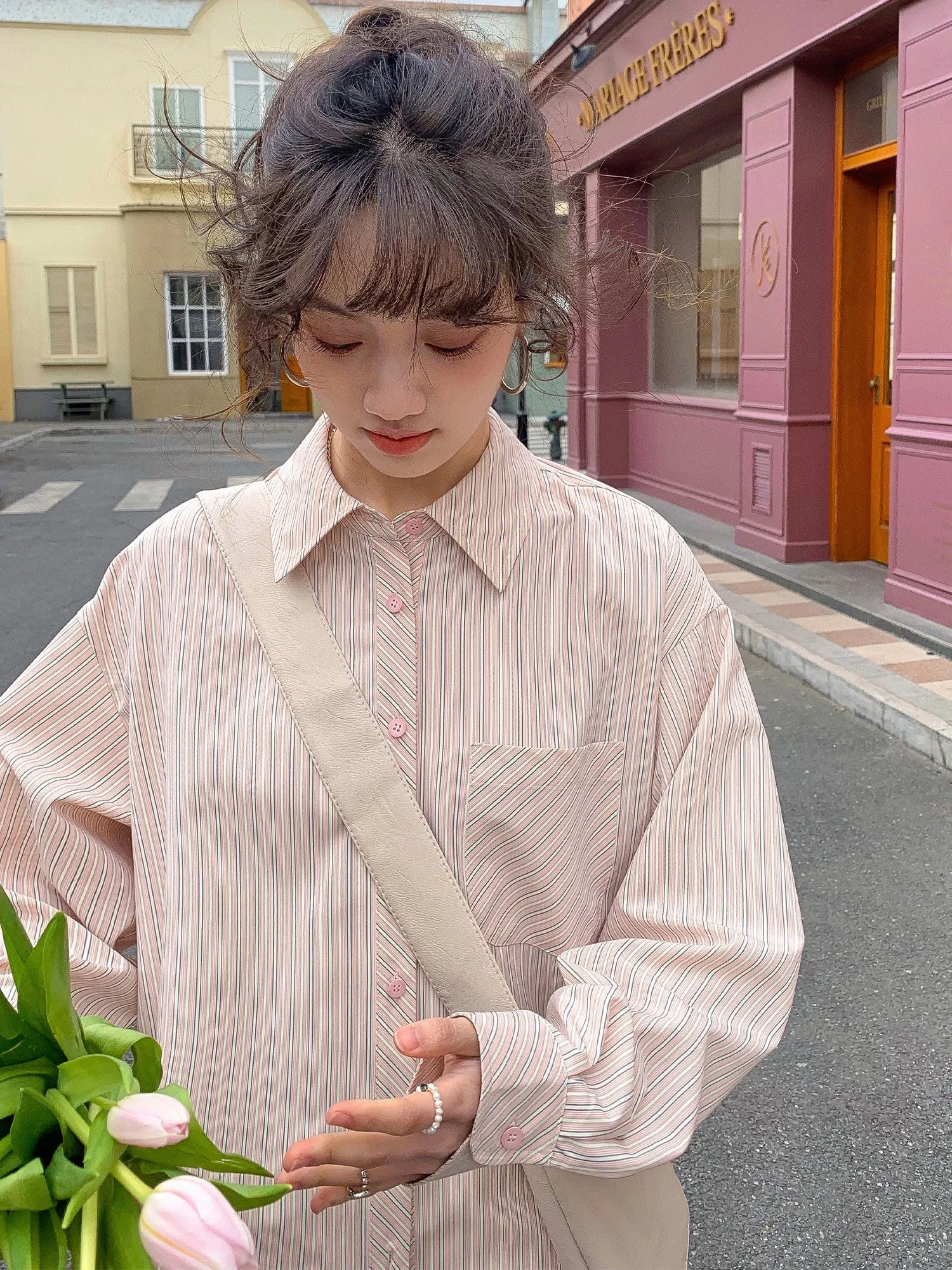 

MELLIIY Spring 2026 Loose Fit Double Breasted Pink Striped Long Sve Women's irt Korean Sle Commute Faion Polyester F...