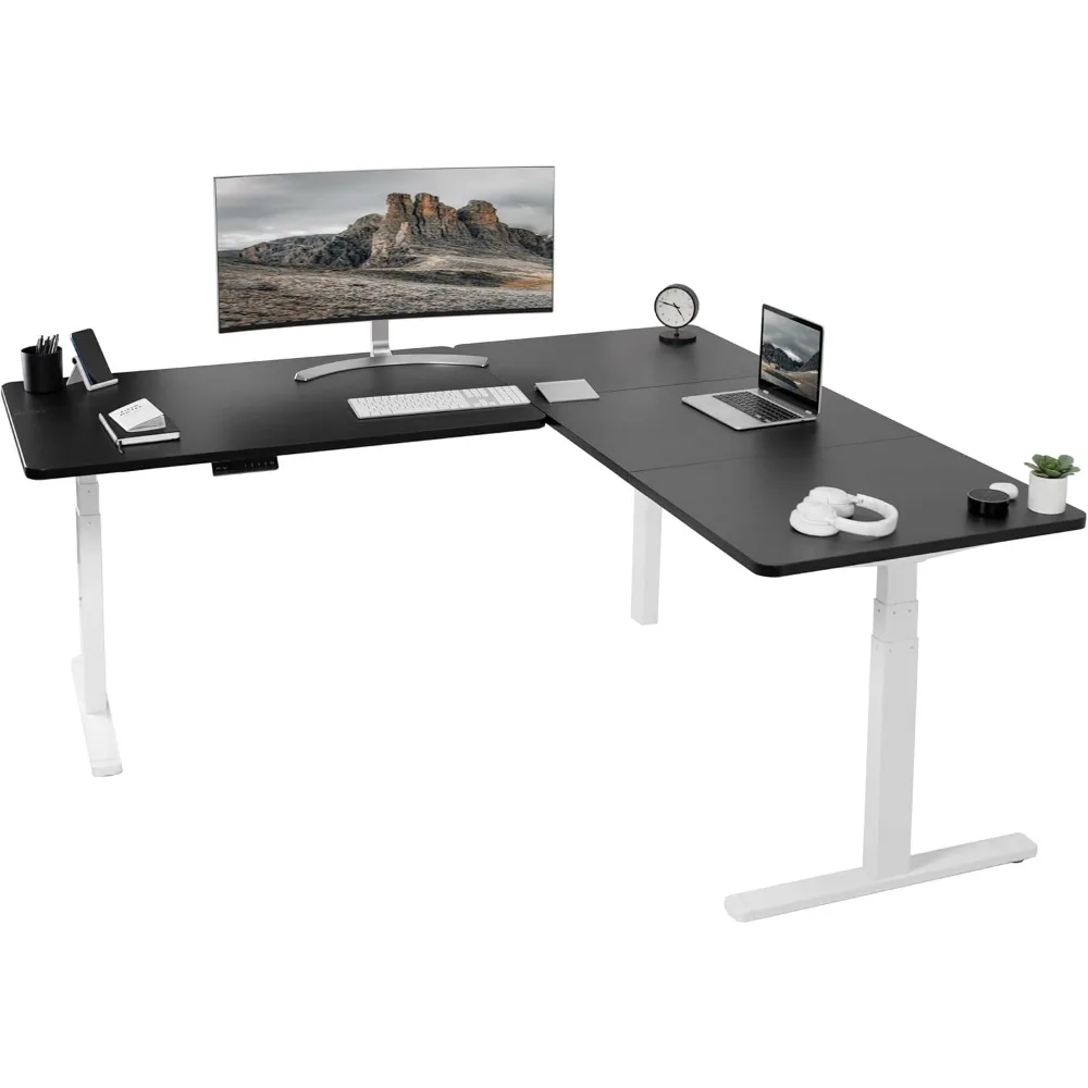 

Electric Height Adjustable 77 X 71 Inch Corner Stand Up Desk, 2 Black 30 Inch Deep Table Tops, Office Desks