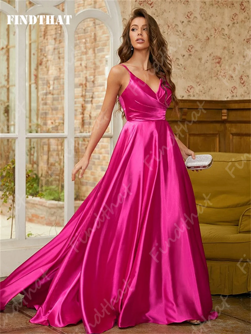 Findthat Fuchsia V-Neck Ruched Bridesmaid Dress for Wedding 2024 Satin Elegant Spaghetti-Strap A-Line Evening Prom Gown Backless