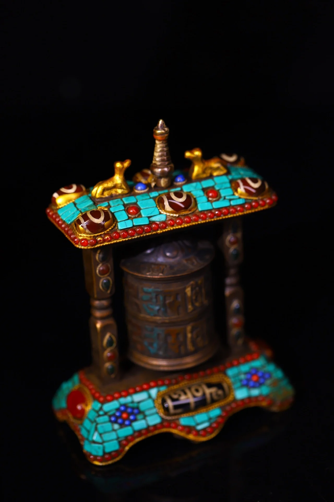 

5"Tibetan Temple Collection Old Bronze Painted Mosaic Gem gZi Beads Turquoise Six Character Proverbs Prayer Wheel Old Scriptures