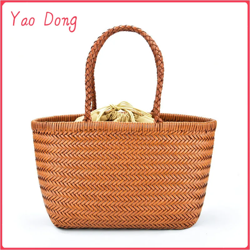 Yao Dong Women's 100% Genuine Leather Woven Shoulder with Casual Woven Inside Bag Vintage Shopping Bag Cowhide Tote Bag