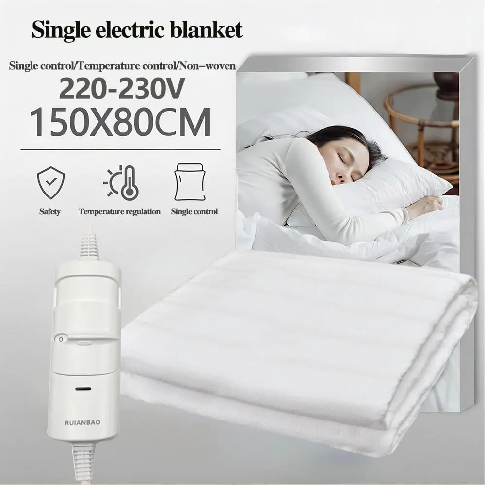 RUIANBAO Electric Heated Underblanket 150 x 80 cm, White Striped Thermal Underbed with LED Display, 3 Heat Settings (H/M/L), 2/4