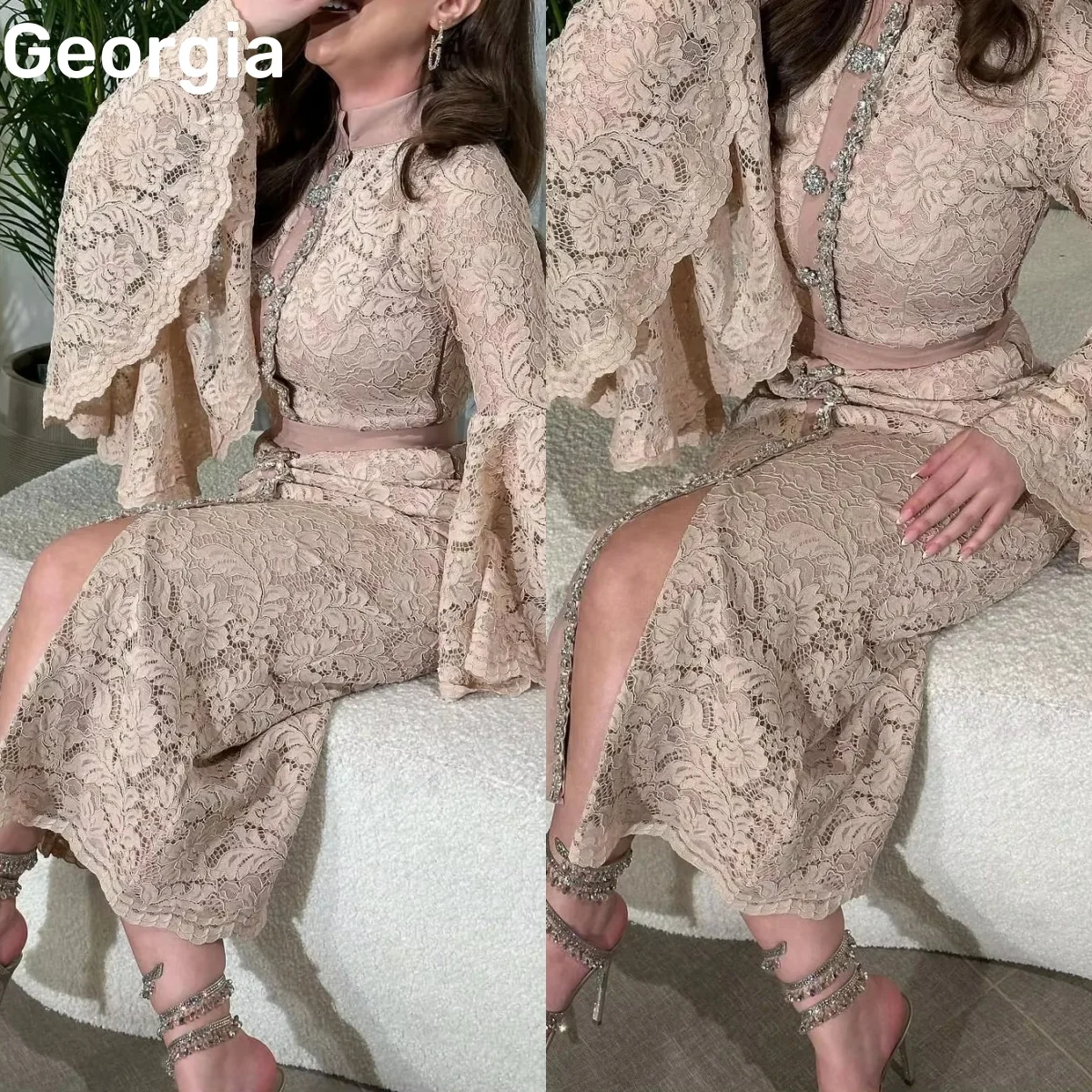 여성을 위한 우아한 파티 드레스 맞춤형 A라인 레이스 티 길이의 공식 행사 드레스 러플 지퍼업 긴 소매 정장