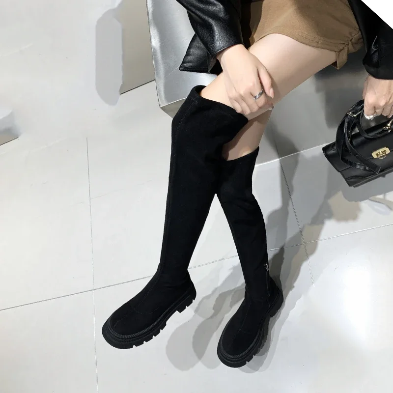 JOZHAMTA Size 34-39 Women Thigh High Boots Over The Knee High Stretch Boots Elastic Leather Suede Thick Heels Platform Shoes