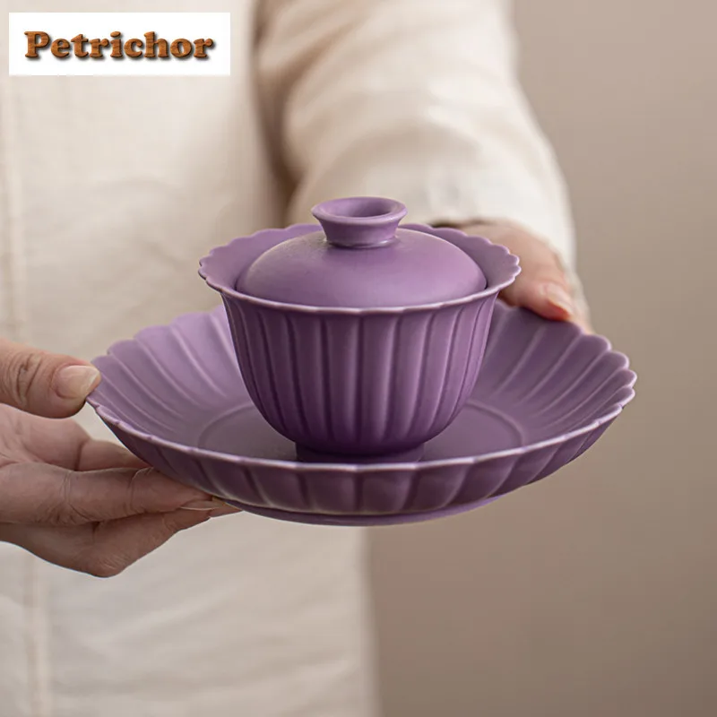 

160ml Taro Purple Chrysanthemum Petal Gaiwan Vintage Heat Insulation Tea Tureen Tea Bowl With Lid Kit Tea Making Cover Bowl Gift