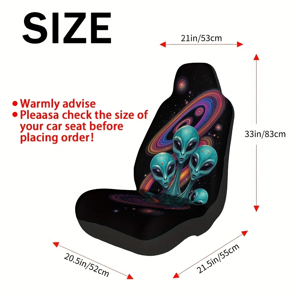 2pcs Starry Alien Car Seat Covers - Durable, Washable, Fit For Cars, SUVs, Trucks - Vibrant & Pink Alien Design With Swirling St