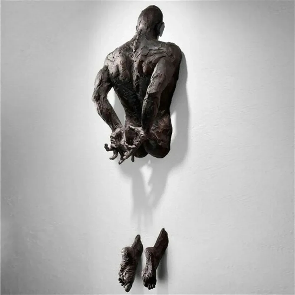 Electroplating Imitation Copper Wall Decor Abstract Character Resin Climbing Man Statue Sculpture 3D Through Wall Wall Art Gifts