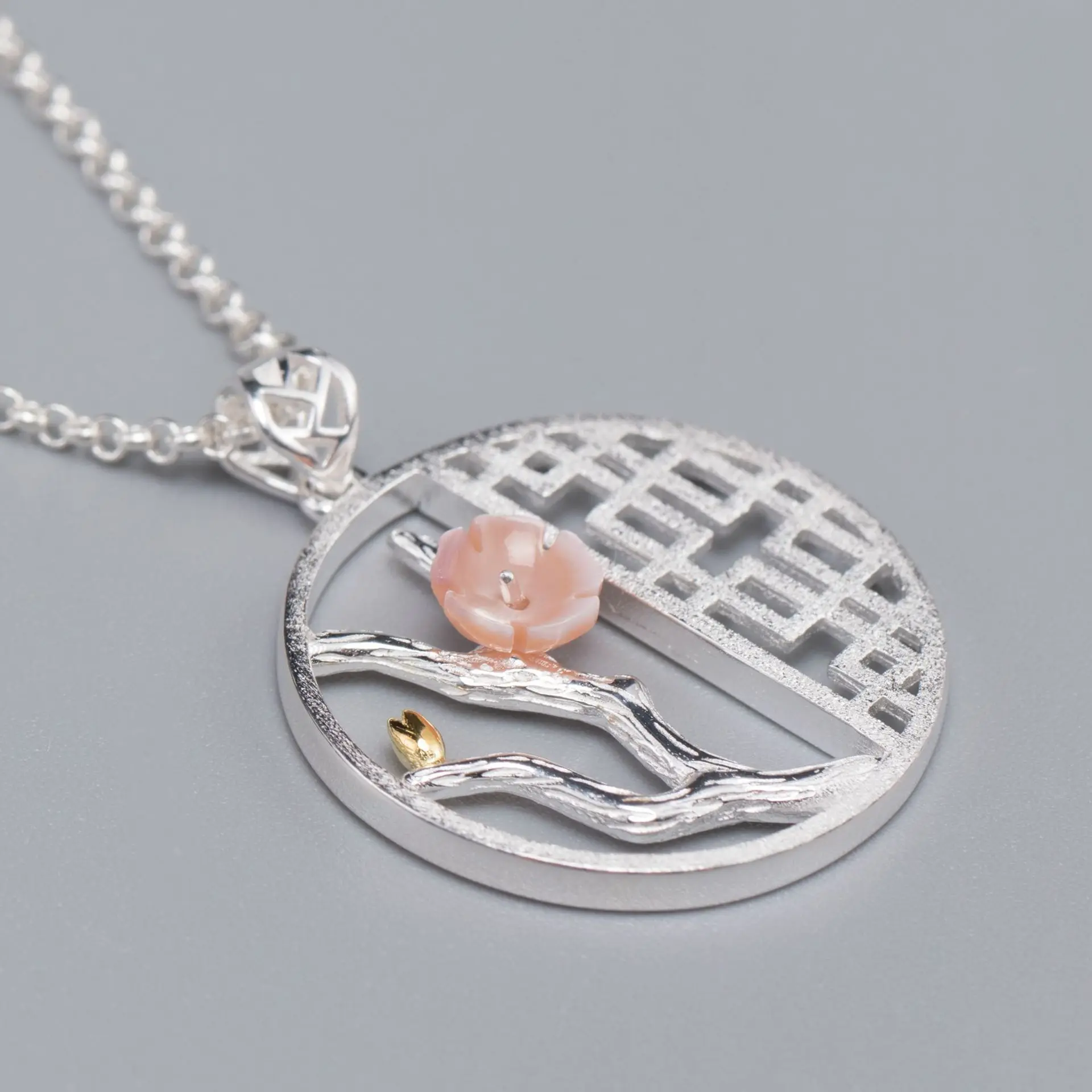 

Hollowed-out Retro Branch Shell Pink Peach Blossom Pendant, Handcrafted S925 Silver Necklace, Chinese Classical Ladies' Necklace