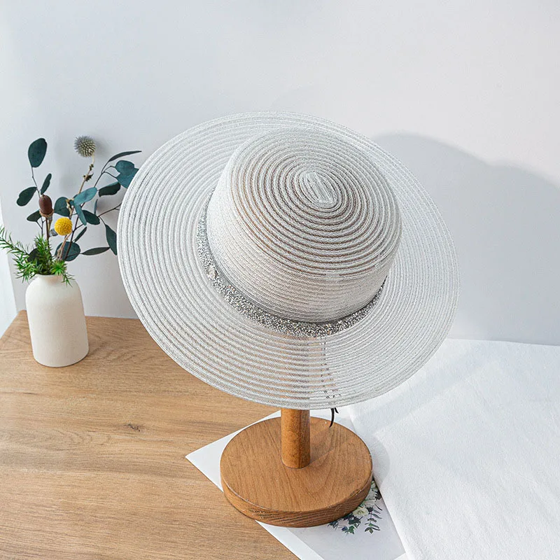 MAXSITI U  flat brim summer travel sunscreen Sun Hat Women versatile silver straw hat flat top hat bright silk Hepburn Beach Hat