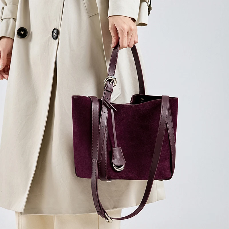 Women\'s Brushed Leather High-quality Leather Shoulder Bag Vintage Suede Red Bucket Bag Large Capacity Handbag With Cosmetic Bag