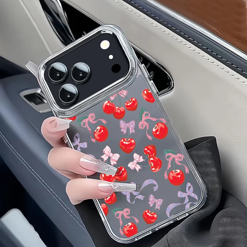 Red Cherry Print Transparent Phone Case For iPhone 17 Pro 17e 16 15 14 13 Pro Max 16e 11 Plating Lens Frame Soft TPU Back Cover