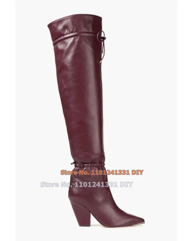 Brown Leather Minimalist Chunky Heeled Gathered Over The Knee Boots Women Pointed Toe Lace Up Thigh High Long Booties