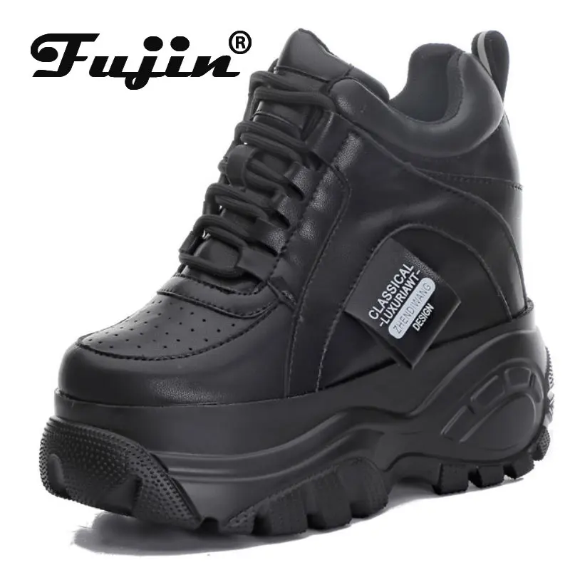 Fujin 12cm Genuine Leather Super High Brand Women Casual Shoes Chunky Sneakers Autumn Spring Platform Hidden Heel Leisure Summer