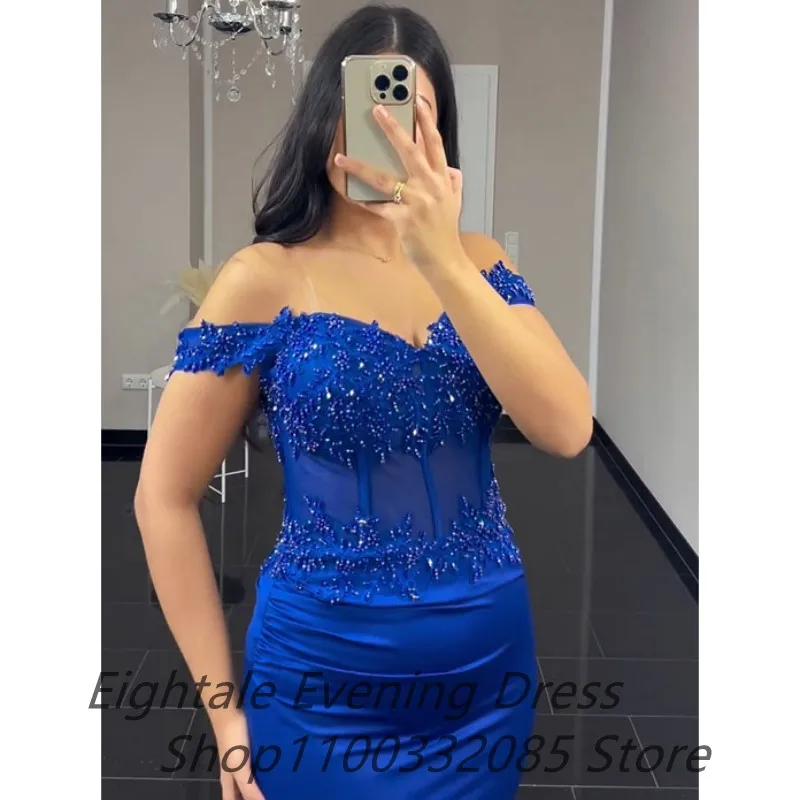 Eightale Customized 2024 Royal Blue Mermaid Evening Dresses Beaded Off Shoulder Slit Party Gown Fitted Arabic Prom Dress