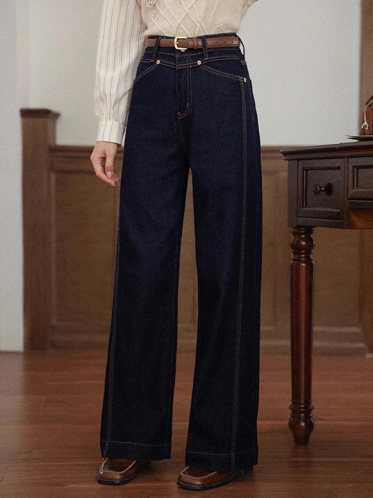 

ALXNAN Vintage Dark Blue Jeans High-waist Wide-leg Straight Women's Denim Jeans 2025 Autumn Cotton Casual Baggy Pants L57051