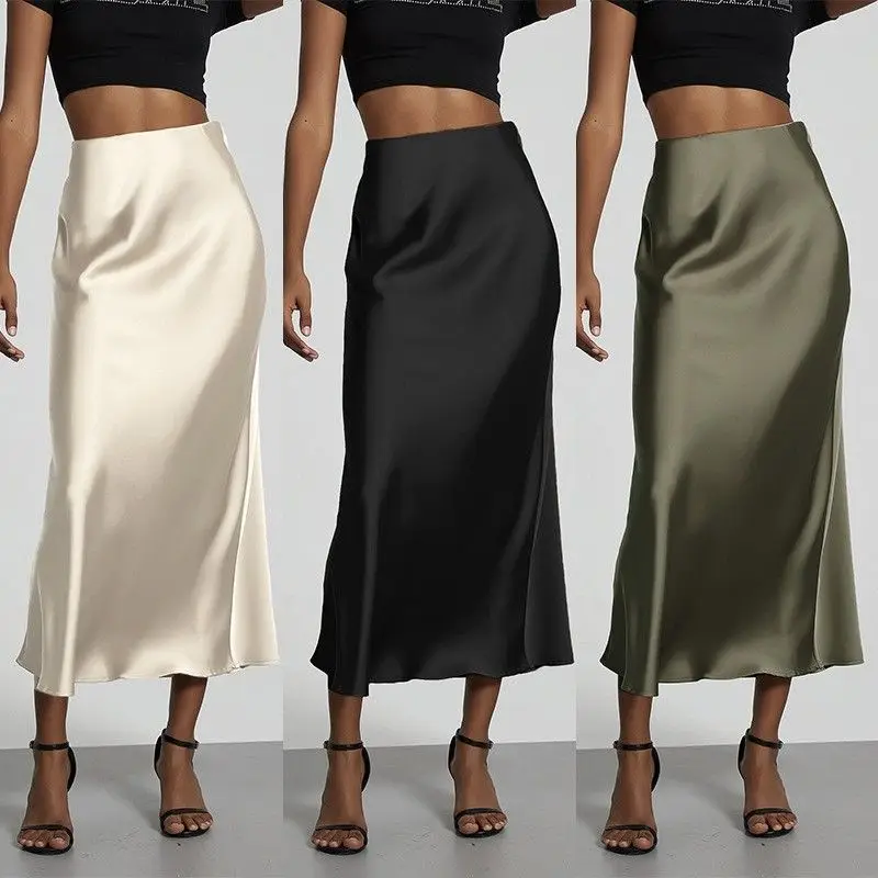 Elegant Satin Texture Midi Skirt Pure Color Glossy Drapey Women's Fashion Cross-Border Skirt Sophisticated Half-length