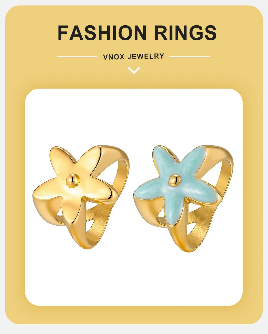 Vnox Klassischer Emaille-Ring mit Blauer Blume für Damen, Trendiger 18K Vergoldeter Blumen-Fingerring, Zierlicher Statement-Schmuck – Detail 1