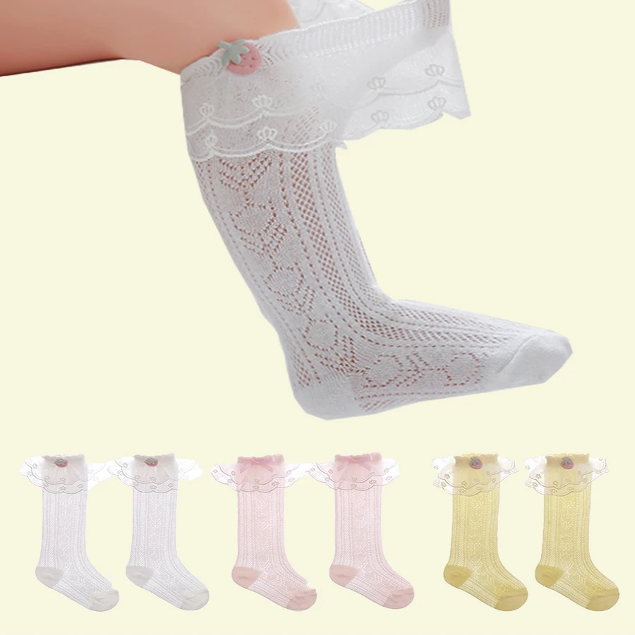 MuqiNush 1 paio di calze di pizzo per bambini, maglia estiva, cotone, traspirante, neonato, carino, fragola, pizzo lungo, dolce principessa