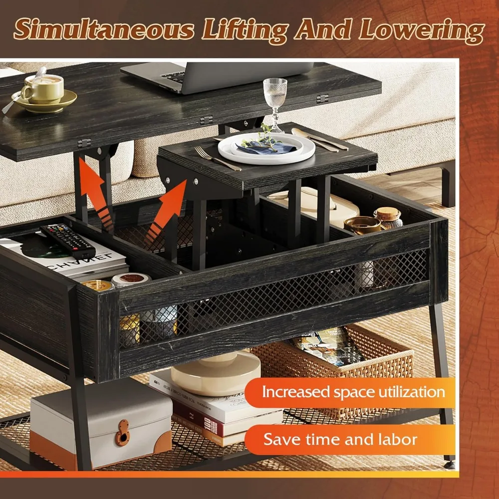 Lift Top Coffee Table, 3 in 1 Coffee Table with Hidden Compartment, Multi-Function Coffee Table Converts to Dining Table for