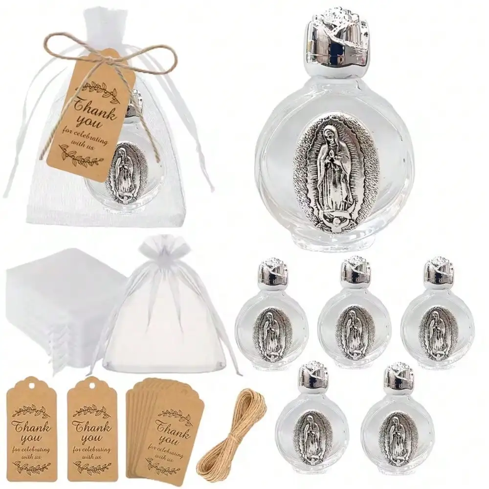 16-teiliges Geschenkset mit Gläsern in Form von Flaschen mit dem Motiv der Jungfrau Maria – Flasche für Heiliges Wasser (15 ml, leere Flasche), für Taufen, die Eucharistie und kirchliche Veranstaltungen. – Detail 2